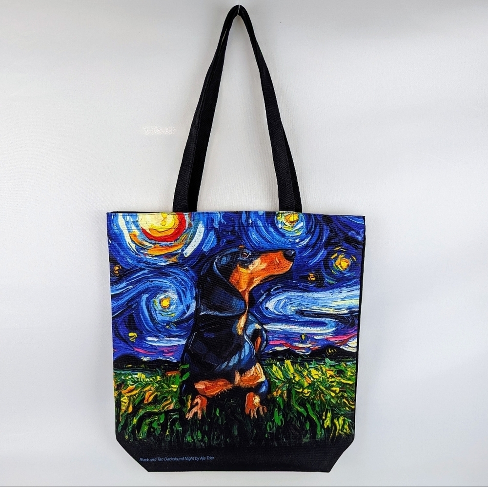 Tote Bag Black Tan Dachshund Night By Aja Trier Poly Poplin Multicolor Print NWT